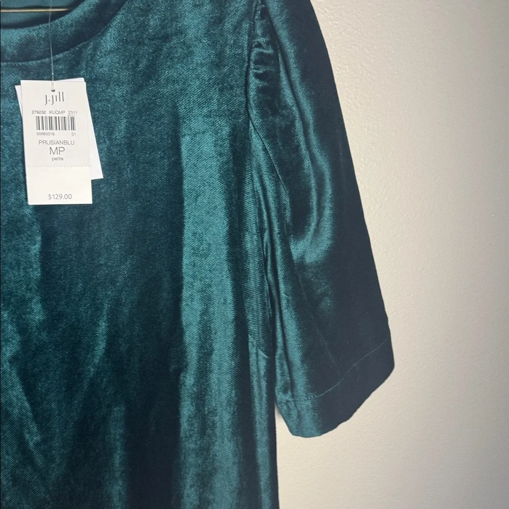 NEW J. Jill Women's Teal Green Velvet Puff Sleeve Shift Dress medium petite $129 - Picture 5 of 10
